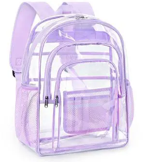 ZORFIN Clear Backpack Heavy Duty for School & Work  17in Transparent PVC Bag with Large Capacity & Reinforced Straps  See Through Bookbag for Men, Women, Boys & Girls, Workplace Security - Purple