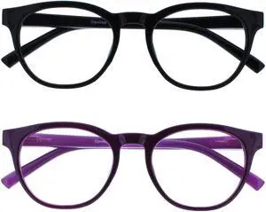 OPULIZE BLU Blue Light Blocking Reading Glasses for Women Men, Cool Round Frame with Anti-Glare Computer and Gaming Eyewear, UV and Eyestrain Protection, Black Puple +1.00 (Pack of 2)