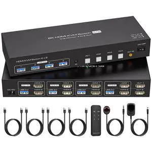 ATLAHET HDMI KVM Switch 4 Computers 2 Monitors 8K 60Hz 4K 120Hz 4 Port Dual Monitor KVM Switches for Four PC Share Four USB 3.0 Devices Support Copy and Extend Mode with External Accessories
