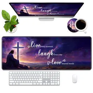 Desk Pad Mat Gaming Mouse Pads with Coasters, Large Extended Gaming Mousepad (31.5 x 11.8 Inch) with Non-Slip Base & Stitched Edge for Home Office Work Gaming, Christian Cross Quote Live Laugh Love