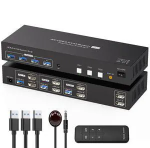 HDMI KVM Switch 2 Monitors 3 Computers 4K60Hz EDID Simulation USB3.0 KVM Switch for 3 Computers Share Dual Monitors and 4 USB Devices with USB Cable and Remote Control