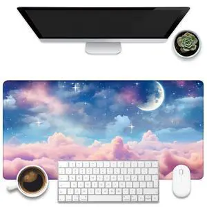 KOAIWPAE Desk Pad, Watercolor Fantasy Clouds Cape Desk Mat, Stars and Crescent Moon Large Gaming Mouse Pad for Desk, 31.5"x15.7" Extended Big Computer Mouse Pad with Non-Slip Base and Stitched Edge
