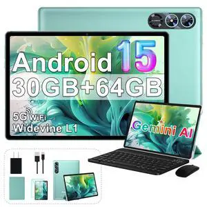 2025 Tablet 10 Inch Android 15 Tablets with Keyboard 30GB RAM 64GB ROM, Octa-Core 2-in-1 Tablet with Gemini AI, 5G WiFi, 6000mAh, HD IPS Display, GPS, Widevine L1, Split Screen, Mouse & Case -Green
