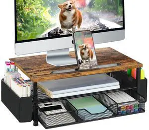 Wood Desk Organizers and Accessories, 2-Tier Computer Monitor Stand Riser with Drawer, Pen Storage & Phone Holder, Office Desk Accessories, Workspace Desktop Organization for Office SuppliesBrown