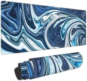 Marble Camo Fluid Large Gaming Mouse Pad, Extended Cool Liquid Keyboard Mouse Mat, Long Computer Blue and White Gaming Mousepad for Home Office Work Desk Non-Slip Base Abstract Mouse Pads Mat