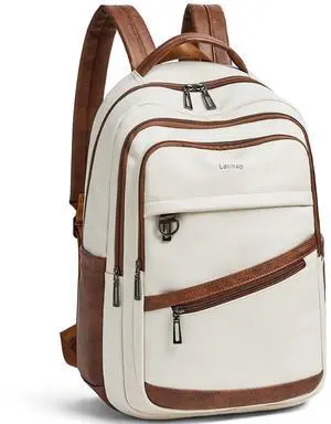 LATMAP 43L Backpack for Women Men - Vegan Leather Backpack Purse Travel Carry-on Bag College Bookbag Work fits 17" Laptop, Beige