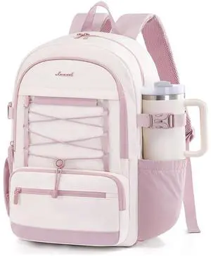 LOVEVOOK School Backpack for Teen Girls, Large Capacity College Student Backpacks with Water Bottle Holder, Cute Laptop Backpack Purse for Women, Lightweight Casual Travel Backpack, Beige-pink