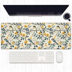 Ti Caldi Elegant Bird Gaming Mouse Pad, Extended Birds and Yellow Flowers Desk Mat Computer Laptop Mousepad, Robust Stitched Edges, 31.5"×11.8" Large Office Keyboard Mouse Pads for Home Desktop Decor