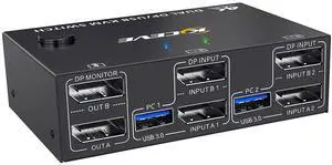 KCEVE KVM Switch 2 Monitors 2 Computers 4K@144Hz, Displayport KVM Switch Dual Monitor for 2 Computer Share 2 Monitor and 4 USB 3.0 Devices, with Wired Remote
