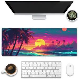 Eflxamz Desk Mat, Science Fiction Beach Sunset Desk Pad, Neon Design Beach Large Gaming Mouse Pad with Non-Slip Base and Stitched Edge, 31.5"x11.8"
