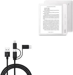 BoxWave Cable Compatible with Kobo Libra H2O - AllCharge 3-in-1 Cable - Jet Black