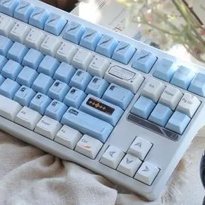SUEHIODHY PBT Keycaps, Blue White MinimalistKeycap, 133 Keys Custom Cherry Profile Keycaps Set, SpaceStation Theme Dye Sublimation Key Caps for MX Switches Mechanical Keyboards(Silver Characters)