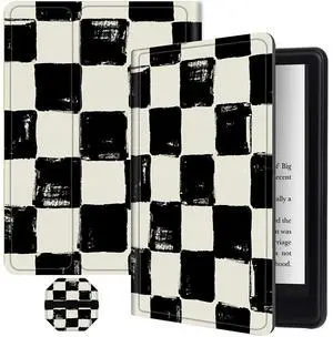 Slim Case for All-New 6" Kindle (11th Gen, 2024/2022 Release E-Reader) + 1 Screen Clean Pad, Multi-Angle Kickstand Cover with Auto Wake/Sleep Case, Black and White Checkerboard