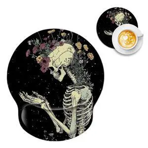 Flowers Growing Out of Skeleton Pattern Ergonomic Mouse Pad with Wrist Support, Cute Computer Desk Mouse Pad Set with Gel Wrist Rest for Office Gaming, Soft Non Slip Girly Mousepad for Women