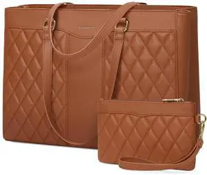 RAINSMORE Laptop Bag for Women 15.6 Inch Work Tote Bags Leather Laptop Tote Professional Laptop Purse Computer Handbag Womens Briefcase Tote with Clutch for Teacher Office Travel, Brown