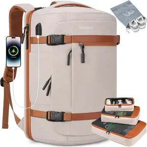 Velaybor 42L Travel Backpack with 4 Packing Cubes, TSA Friendly Flight Approved Carry-On Bag with USB Charging Port, Water-Resistant Weekender Business Backpack for Men Women, Fits 17.3" Laptop(Beige)