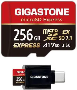GIGASTONE 256GB microSD Express, MicroSDXC Express Memory Card SD 7.1 Speed up to R/W 880/650MB/s Compatible with Nintendo-Switch 2, Professional Camera, A1 V30, with SD Adapter and USB C Card Reader