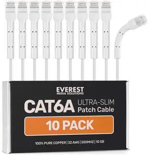 Everest Ultra Slim Cat6a Ethernet Patch Cables 1.5ft (10-Pack) White - 10GB Cat 6a Patch Cable - Bendable, Flexible & Thin Ethernet Cable - Space Saving 32AWG 550MHZ Cat6a Cables - 100% Copper Wires