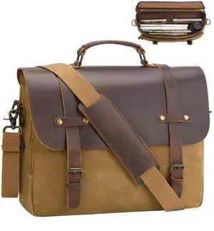 Men's Messenger Bag Waxed Canvas Briefcase 15.6 Inch Vintage Genuine Leather Computer Laptop Bags Waterproof Satchel Shoulder Bag for Work/Business/Office