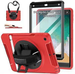 Case for iPad 6th/5th Generation 9.7 INCH: TPU Cover for iPad 9.7 (2018/2017) & iPad Air 2 9.7" with Screen Protector- Stand- Handle- Shoulder Strap-Pencil Holder- Red