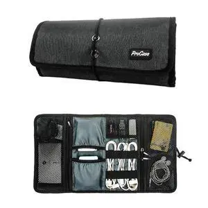 ProCase Electronic Organizer Cord Pouch, Travel Cable Charger Phone Accessories Bag Organizer Roll up Tech Carrying Case for USB Cables SD Memory Cards Earphone Flash Hard Drive Black