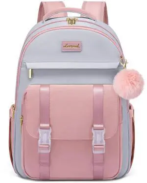 LOVEVOOK School Backpack for Teen Girls, Cute Student Backpack Purse Kid Bookbag for 14-16 Teenage, Back to School Backpacks Fit 15.6 Inch Laptop, Large College Travel Bag, Light Grey-pink