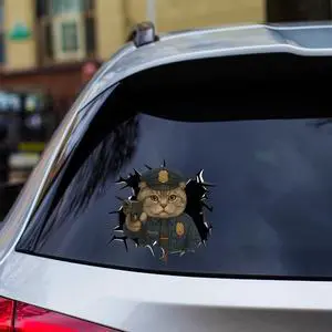 3D Maine Coon Police Cat Decal  Cracked Glass Style Vinyl Sticker for Car, Glass Door, Café Window  11.81 x 11.81 in