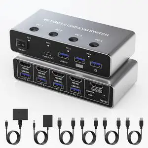 8K@60Hz HDMI KVM Switch 4 in 1, Ultra HD KVM Switcher for 4 Computers Share One Monitor, with 4 USB 3.0 Ports, Aluminum Housing, Support Keyboard, Mouse, Printer, with 4 USB Cables and Controller