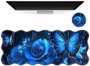 Tudguiloae Large Gaming Mouse Pad with Coaster, Edge Stitching Keyboard Blue Rose Butterfly Mouse Mat for Desk, 31.5" x 11.8" Household Extended Desk Pad for Desktop, Non-Slip Rubber Base