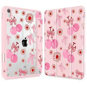Lepeoac Case for iPad 11 inch A16 2025 Generation 11th / iPad 10.9 inch 2022 10th Gen, Buit in Pencil Holder with Shockproof Cover Clear Transparent Back Shell Auto Wake/Sleep, Cherry Bow P705