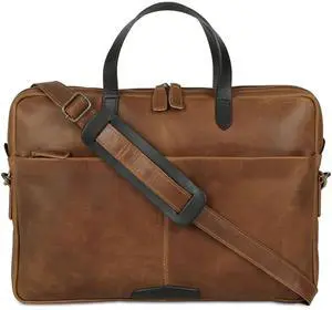 KomalC 15.5 Inch Leather Laptop Sleeve with Trolley Strap  Slim Genuine Leather Bag for 13", 14", 14.5" Laptops  Office Briefcase with Shoulder Strap & Organizer