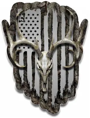 American Flag Whitetail Buck Skull Deer Hunting Sticker Decal (8" Single)
