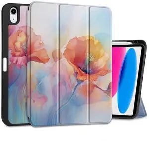 MEEgoodo Case for iPad A16 11th Generation 11 inch 2025/iPad 10th Generation 10.9 inch 2022,Tablet Cover with Trifold Stand + Pencil Holder + Auto Wake/Sleep +Soft TPU Back Cover,Field Rainbow Poppies