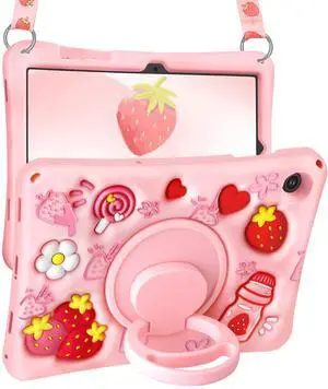 Boaretiu for Galaxy Tab A9 Plus 11 Inch 2023 - with Shoulder Strap & Rotating Stand Strawberry Cute Cartoon 3D Kawaii for Girls Girly Teens Soft Silicone for Samsung A9+ Tablet Case