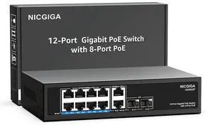 12 Port Gigabit PoE Switch Unmanaged with 8 Port IEEE802.3af/at PoE+@120W, 2 x 1000Mbps Uplink + 2 x 1G SFP, NICGIGA 8 Port Network Power Over Ethernet Switch, Desktop/Wall-Mount.