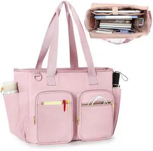 Prokva Teacher Tote Bag with Laptop Compartment, Large Teacher Utility Bag for Women Work and Teacher Supplies, Pink (Empty Bag, Patent Design)