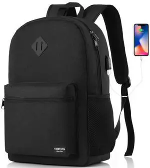 YAMTION Black Backpack for Women Men,Casual School Backpack Teen Boys and Girls 15.6 Inch Laptop Bookbag with USB Charger for College High School Travel Business