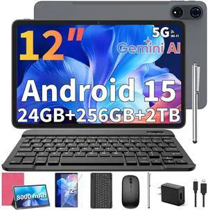 Relndoo 2025 12 Inch Tablet, 24GB8+16 RAM+256 Storage(Expand to 2TB), Android 15 Tablet with Keyboard, Octa-Core, 2K 2000x1200 Display, 16MP Dual Camera, 8000mAh, 5G WiFi,GPS,Bluetooth 5.0Pink