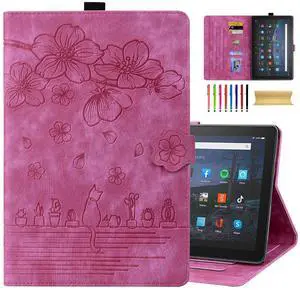 Dteck Case for All-New Amazon Kindle Fire HD 10 & 10 Plus Tablet (13th/11th Generation, 2023/2021 Release) 10.1", Premium PU Leather Embossed Flower Folio Stand Case Cover with Pencil Holder,Rose