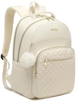 VANKANY Travel Laptop Backpack Women, Water Resistant Bookbag Schoolbag with Charging Hole for Teen Girls College Students Work Bag, Beige
