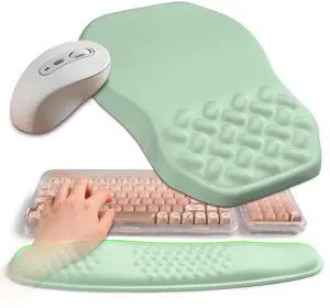 Gleamtide 2-in-1 Ergonomic Set, Wave Keyboard Wrist Rest and Massage Slope Mouse Pad Wrist Support, Rebound Memory Foam for Relieve Carpal Tunnel Syndrome and Wrist Pain (Light Green)