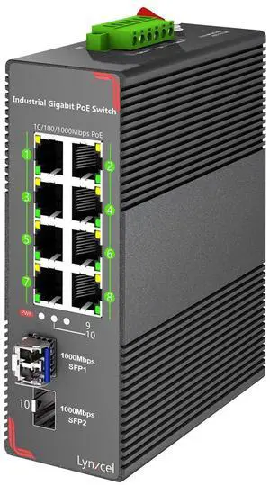 Lynxcel 8-Port Industrial Gigabit PoE Switch, 96W PoE Budget 48-57V Output, 2 x SFP Gigabit Slots with One Gigabit SFP Module, Din Rail PoE Switch Unmanaged with Power Supply