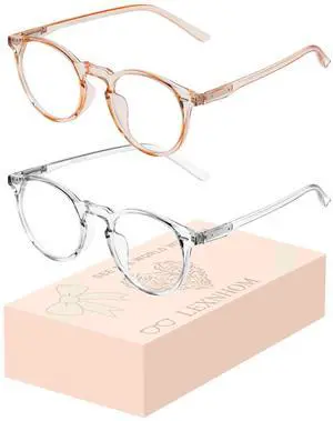 LEXNHOM Blue Light Glasses for Woman, Blue Light Blocking Glasses Lightweight Round Frame in Champagne and Clear for Computer Gaming TV Phone Screen,Eye Strain,UV Protection Birthday Gift-2 Pack