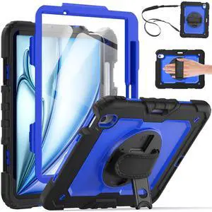 Whmeolyo for iPad Air 11-Inch Case M3/M2 (2025/2024), Shockproof Case for iPad Air 7th/6th Generation 11 Inch with Screen Protector/Pencil Holder/Kickstand [Hand & Shoulder Strap],Black+Blue