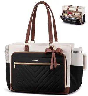 LOVEVOOK Teacher Tote Bag for Women, Work Bags Laptop Bag with Large Cup Holder, Quilted Nurse Bag Diaper Tote with Multi-Pockets, Large Computer Handbag Purse for Bussiness Travel, Office, College