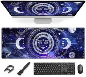 ETLKJVBL Large Mouse Pad and Desk Mat, Sun Moon Stars Space Psychedelic Desk Pad for Office and Home Use - Premium Desk Cover Mat Office Desk Accessories, 31.5 x 11.8 Inch Desk Matt for Desktop