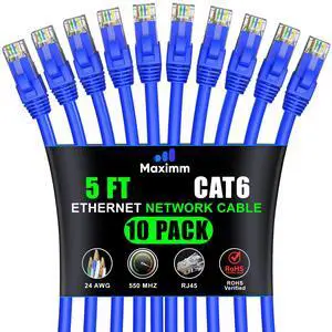 Maximm Cat 6 Ethernet Cable 5 ft (10-Pack) - High-Speed LAN Cable, Internet Cable, Patch Cable, and Network Cable - UTP, 10Gbps, 550MHz Ethernet Cord - Blue
