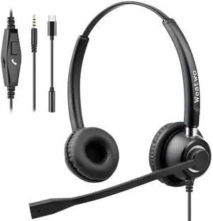 Wired 3.5mm Computer Headset with Noise Cancelling Microphone, USB-C Headphone with Mic for PC Laptop Cell Phone Mac iPhone Samsung Zoom Teams Call Center Home Office Work Class, in-line Controls