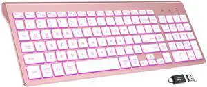 SABLUTE Wireless Keyboard with 7 Colored Backlits, Rechargeable Silent Compact Cordless Computer Keyboard with Low Profile Quiet Light Up Keys for Windows, PC, Linux, Chrome, Mac (Rose Gold)