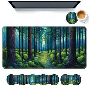 DHEEBFWE Keyboard Mouse Pad Set,Large Desk Pad+Keyboard Wrist Rest+Mouse Pad Wrist Support+Coaster,Easy Typing Pain Relief Non-Slip Mousepad Wrist Support Mousepad Set Home Office,Van Gogh Forest